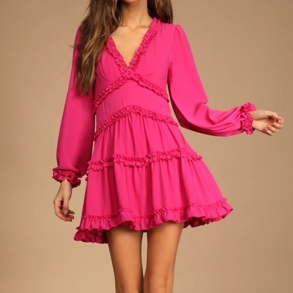 NWT Lulu's Simply Darling Magenta Ruffled Long Sleeve Mini Dress